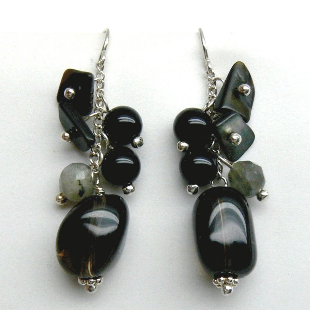 Black Onyx Labradorite Quartz Silver Earrings New